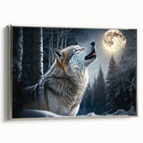 Framed wall art featuring a striking silver wolf design on canvas, showcasing intricate details and vibrant colors, ideal for wildlife enthusiasts and modern decor.
