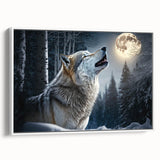 Framed canvas wall art featuring a striking wolf design in a white frame, showcasing bold colors and intricate details, perfect for wildlife enthusiasts and modern decor.