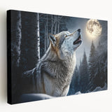 Side view of a stretched canvas wall art featuring a striking wolf design, showcasing vibrant colors and intricate details, perfect for wildlife enthusiasts' decor.