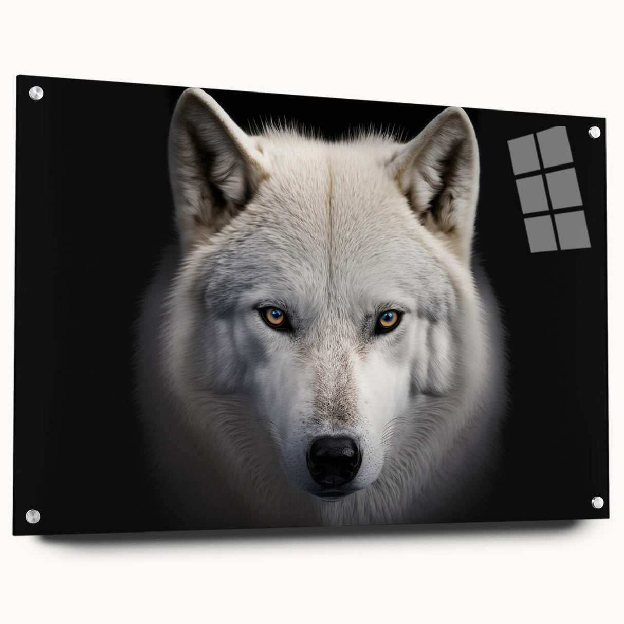 Side view of a wolf wall art design printed on acrylic glass, showcasing intricate details and vibrant colors, mounted with pins for easy display in modern decor.