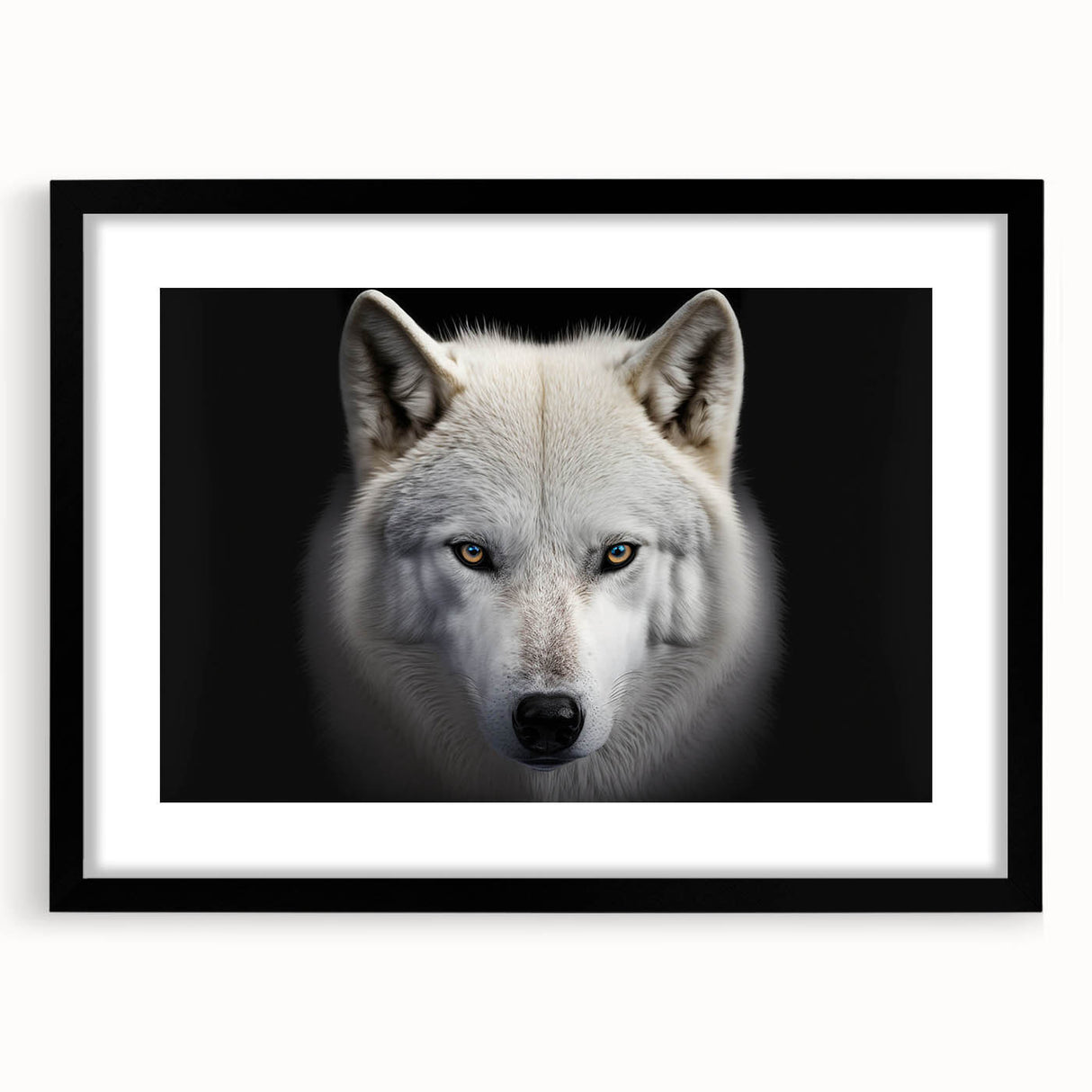 Framed wall art depicting a striking wolf design, showcasing intricate details and vibrant colors. The black frame contrasts beautifully with the artwork, making it a stunning addition to any nature-themed decor. Ideal for animal lovers and home decoration enthusiasts.