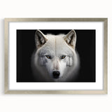 Framed wall art showcasing a stunning wolf design in a silver frame, complete with a mat, perfect for wildlife enthusiasts and modern decor. The artwork captures the essence of nature's beauty, making it an ideal addition to any living space.