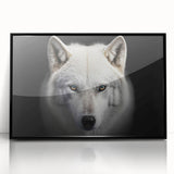 Framed acrylic wall art featuring a striking black and white wolf design, showcasing intricate details and textures. Ideal for wildlife enthusiasts and modern home decor.