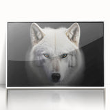 Framed acrylic wall art featuring a striking wolf design from the "Animals of the Wild" collection, showcasing detailed fur textures and a white frame, ideal for wildlife enthusiasts and modern home decor.