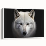 Framed wall art featuring a striking wolf design against a white background, showcasing intricate details and textures, perfect for wildlife enthusiasts and home decor.