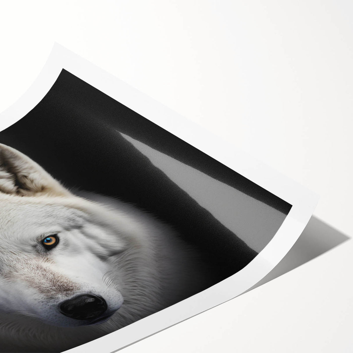 Wolf-themed wall art design featuring a striking black and white illustration of a wolf's face with intricate details, perfect for wildlife enthusiasts and modern decor.
