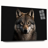 Elegant side view of an acrylic glass wall art piece featuring a striking wolf design, showcasing intricate details and vibrant colors, ideal for animal lovers.