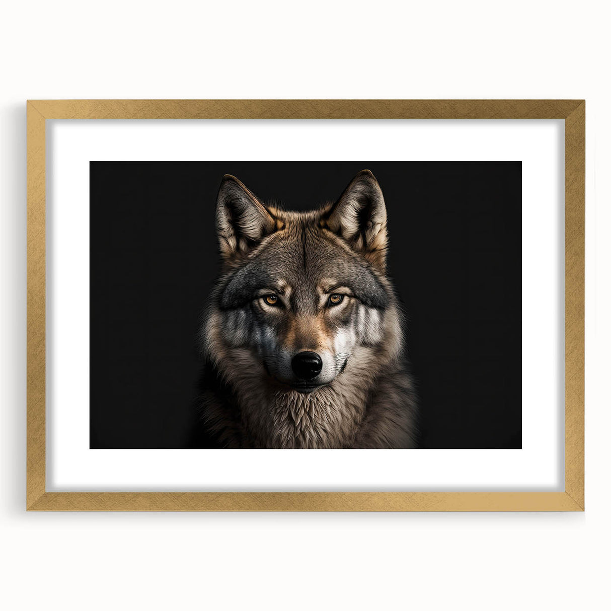 Framed wall art showcasing a striking wolf design in gold, set against a neutral background, perfect for wildlife enthusiasts and home decor.