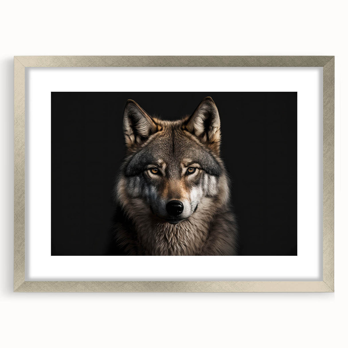 Framed wall art showcasing a stunning wolf design in a silver frame with a mat, perfect for animal lovers and nature-themed decor, adding elegance to any space.