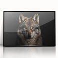 Framed wall art featuring a striking wolf design, printed on acrylic with a sleek black frame, perfect for animal lovers and modern decor enthusiasts.