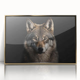 Framed acrylic wall art featuring a striking wolf design, showcasing intricate details and a gold frame, perfect for wildlife enthusiasts' home decor.