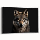 Framed canvas wall art showcasing a striking black and white wolf design, ideal for wildlife enthusiasts, displayed in a stylish black frame with a side view.