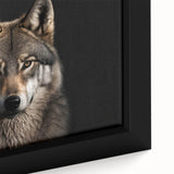 Close-up of a framed wolf design wall art piece showcasing intricate details and rich colors, perfect for wildlife enthusiasts and home decor. This canvas print captures the essence of nature, making it an ideal addition to any room.