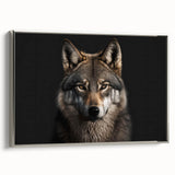 Framed wall art showcasing a striking silver wolf design on canvas, highlighting intricate details and textures, ideal for nature lovers and home decor enthusiasts.