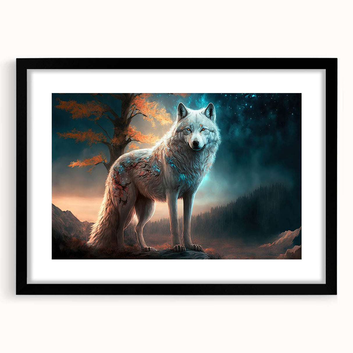 Black-framed wall art showcasing a striking wolf design from the Animals A Wild Life collection, featuring vibrant colors and intricate details, perfect for animal lovers.