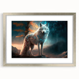 Framed wall art featuring a striking wolf design with a silver mat, showcasing intricate details and textures, perfect for wildlife enthusiasts and home decor.