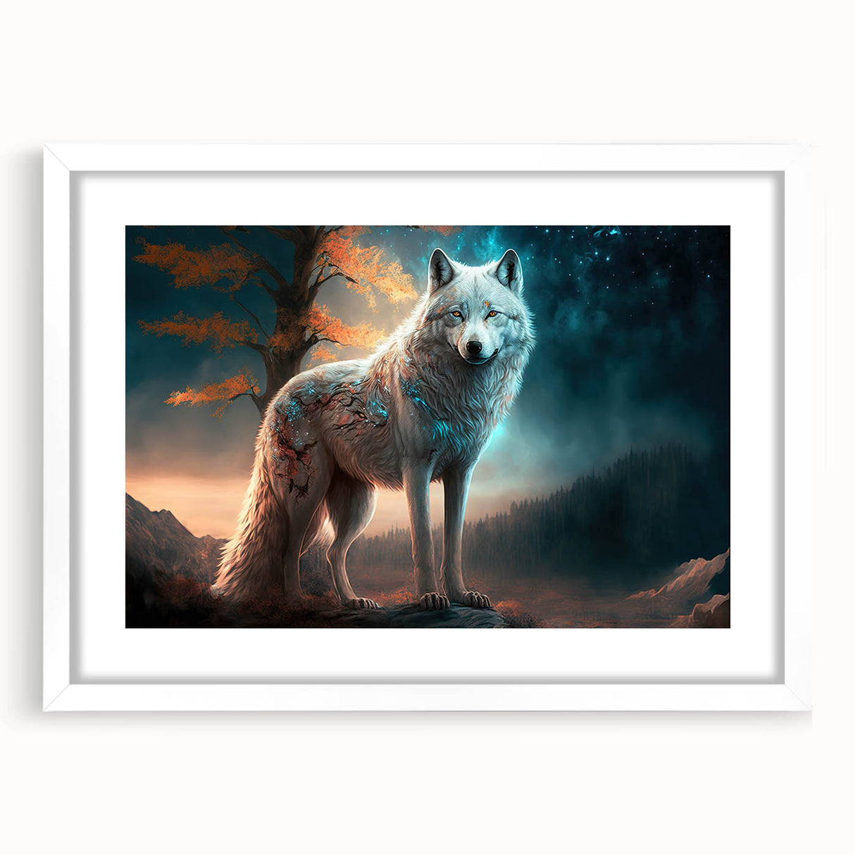 Framed wall art featuring a striking wolf design in a white mat, showcasing intricate details and vibrant colors, perfect for wildlife enthusiasts and modern decor.