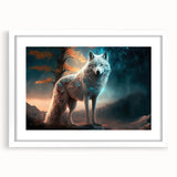Framed wall art featuring a striking wolf design in a white mat, showcasing intricate details and vibrant colors, perfect for wildlife enthusiasts and modern decor.