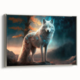 Framed canvas wall art featuring a striking wolf design in a silver frame, showcasing intricate details and a modern aesthetic, perfect for wildlife enthusiasts.