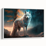 Framed wall art featuring a striking wolf design in a minimalist style, showcasing intricate details and vibrant colors against a white background, perfect for animal lovers and home decor enthusiasts.