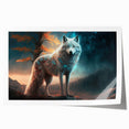 Wolf wall art print showcasing a majestic gray wolf surrounded by a lush forest, ideal for wildlife enthusiasts and home decor, rolled for easy display.
