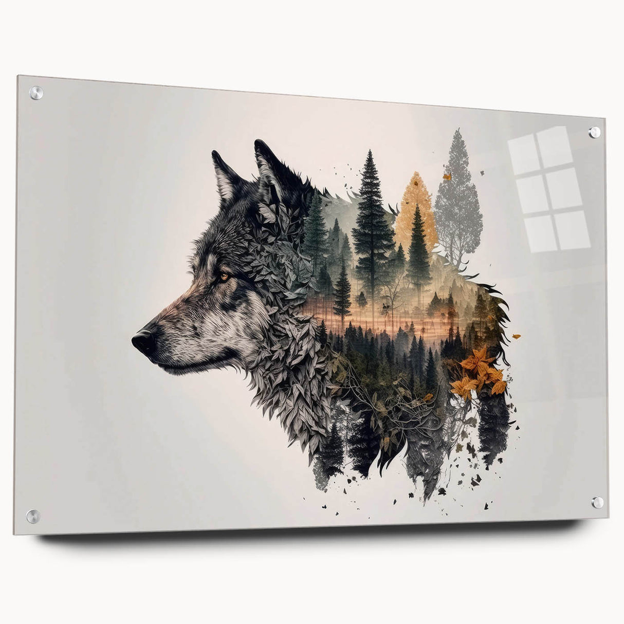 Acrylic glass wall art featuring a striking wolf design from the 'Animals of the Wild' collection, showcasing vivid colors and intricate details. Ideal for nature enthusiasts.