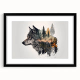 Framed wall art featuring a striking black and white wolf design, showcasing intricate details and textures, perfect for animal lovers and modern decor.