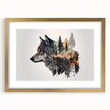 Framed wall art featuring a majestic wolf design in a gold frame with a mat, showcasing intricate details and wildlife aesthetics, perfect for nature lovers.