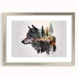 Framed wall art featuring a striking wolf design in a silver frame, showcasing intricate details and vibrant colors, perfect for wildlife enthusiasts.