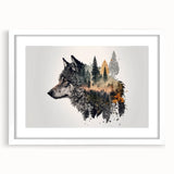 Framed wall art featuring a striking wolf design, showcasing intricate details and vibrant colors, set against a white mat and frame, ideal for animal lovers.