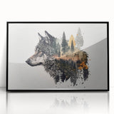 Framed acrylic wall art featuring a striking wolf design, showcasing detailed fur textures and a dramatic black frame, perfect for animal lovers and home decor enthusiasts.