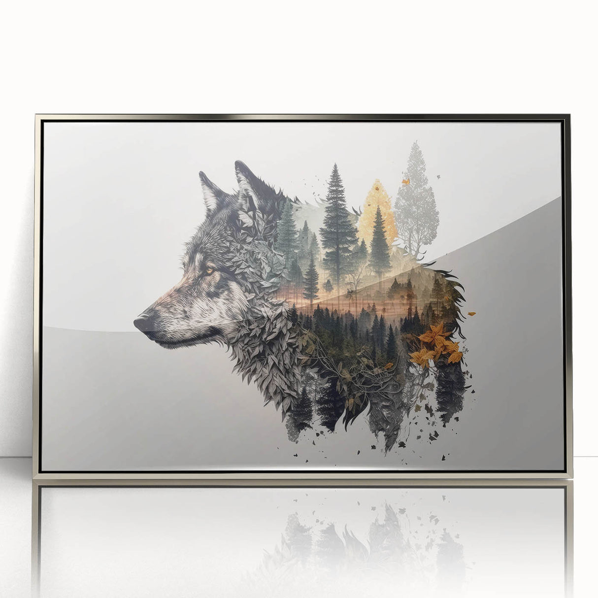 Framed acrylic wall art showcasing a striking wolf design in silver tones, ideal for wildlife enthusiasts, enhancing any modern decor with its bold imagery.
