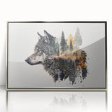 Framed acrylic wall art showcasing a striking wolf design in silver tones, ideal for wildlife enthusiasts, enhancing any modern decor with its bold imagery.