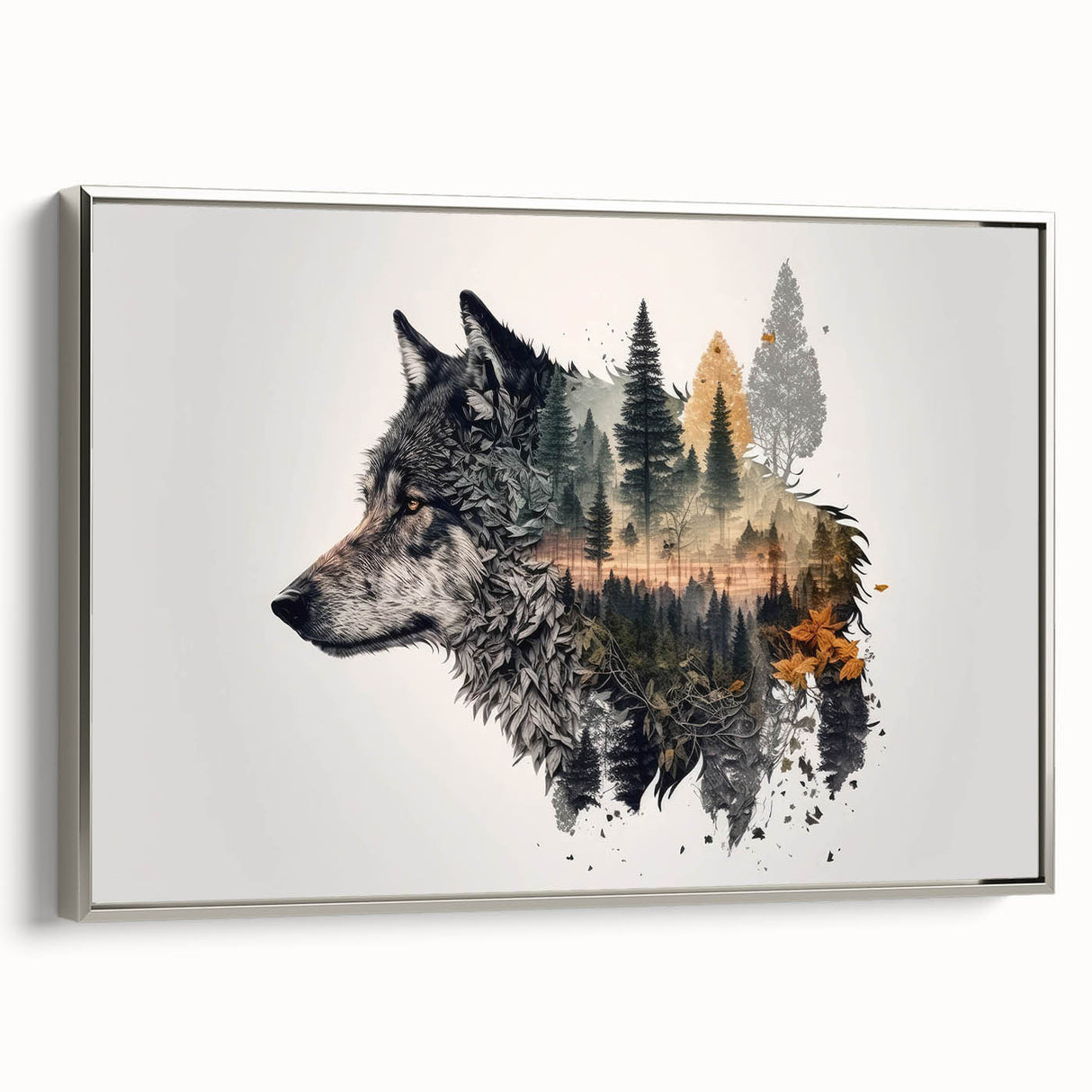 Framed wall art featuring a striking silver side view of a wolf design from the Animals A Wild Life collection, showcasing intricate details and textures. Ideal for nature enthusiasts and modern decor.