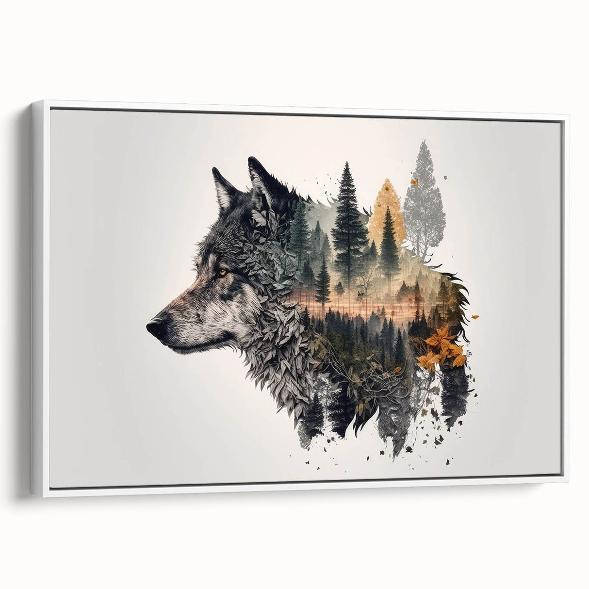 Framed canvas wall art featuring a striking wolf design in a white frame, showcasing intricate details and a contemporary aesthetic, ideal for wildlife enthusiasts.