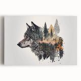 Stretched canvas wall art featuring a striking wolf design in a natural setting, showcasing detailed fur textures and vivid colors for home decor enthusiasts.