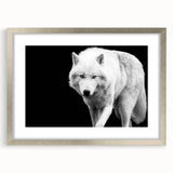 Framed wall art featuring a striking silver mat and wolf design, ideal for wildlife enthusiasts, showcasing intricate details and vibrant colors. Perfect for home decor.