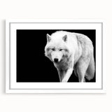 Framed wall art showcasing a striking wolf design from the "Animals a Wild Life" collection, featuring a white mat and elegant frame, perfect for nature enthusiasts.
