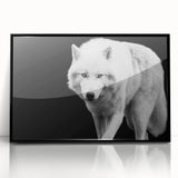 Framed wall art featuring a striking wolf design, showcasing detailed fur textures and vibrant colors on a black background, perfect for animal lovers and home decor.