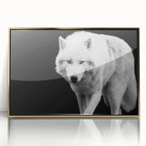 Framed wall art featuring a striking wolf design in a gold-acrylic finish, showcasing intricate details and vivid colors, perfect for nature enthusiasts and home decor.