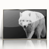 Framed wall art featuring a striking wolf design in a vibrant acrylic finish, showcasing intricate details and a contemporary silver frame, perfect for wildlife enthusiasts.