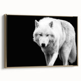 Framed canvas wall art showcasing a striking wolf design in gold accents, perfect for nature lovers and home decor enthusiasts. Ideal for adding a touch of wilderness to any space.