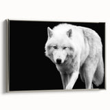 Framed wall art featuring a striking silver wolf design, showcasing intricate details and a sleek profile, perfect for wildlife enthusiasts and modern decor.
