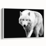 Framed canvas wall art featuring a striking wolf design from the "Animals of the Wild" collection, showcasing intricate details and a white frame, ideal for nature lovers.