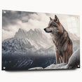 Side view of a unique wolf design wall art piece, featuring an acrylic glass finish and pin attachments, showcasing intricate details and vibrant colors, perfect for wildlife enthusiasts.