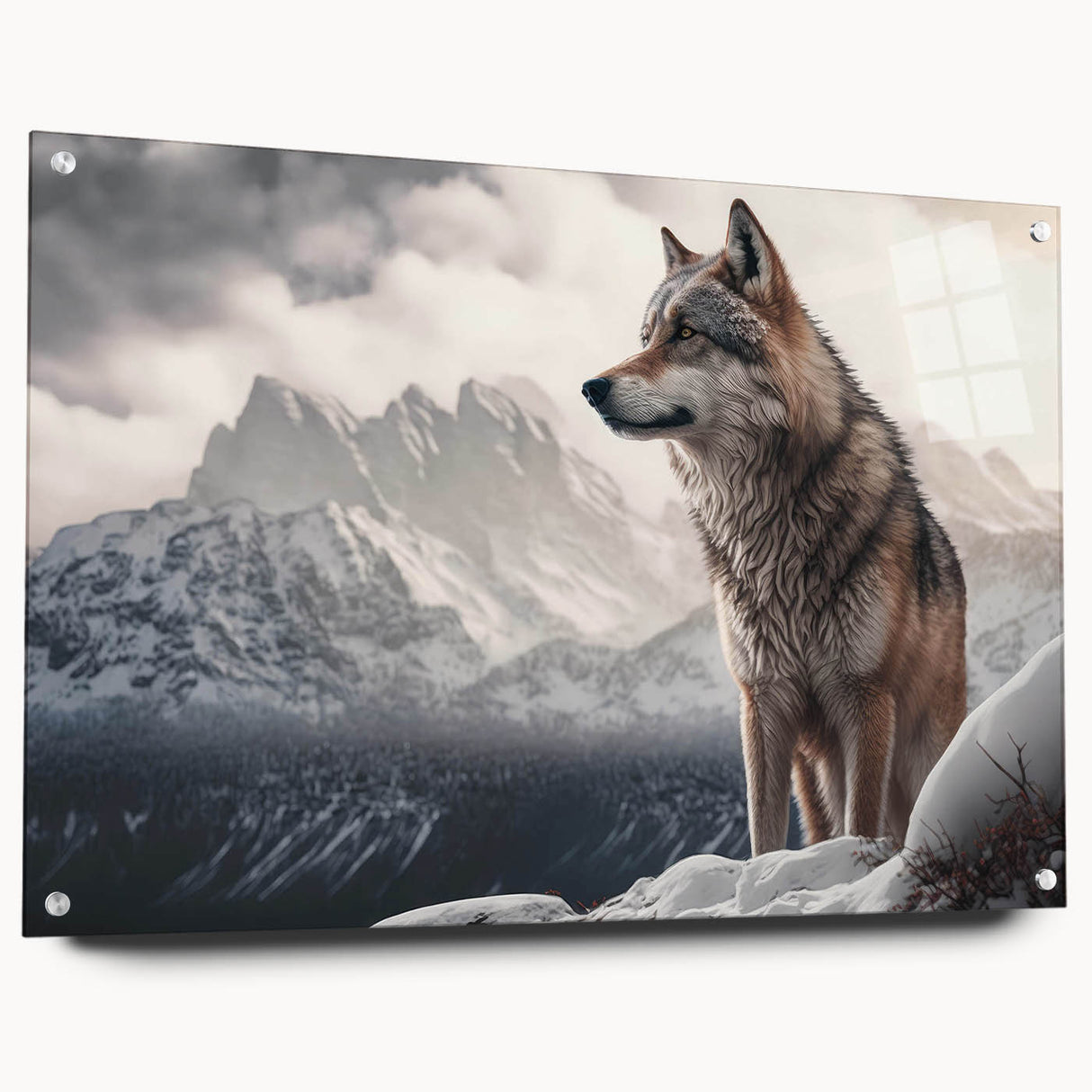 Side view of a unique wolf design wall art piece, featuring an acrylic glass finish and pin attachments, showcasing intricate details and vibrant colors, perfect for wildlife enthusiasts.