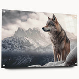 Side view of a unique wolf design wall art piece, featuring an acrylic glass finish and pin attachments, showcasing intricate details and vibrant colors, perfect for wildlife enthusiasts.