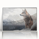 Framed wall art featuring a striking wolf design in a wild life theme, presented in a sleek white frame, perfect for nature and animal lovers' decor.