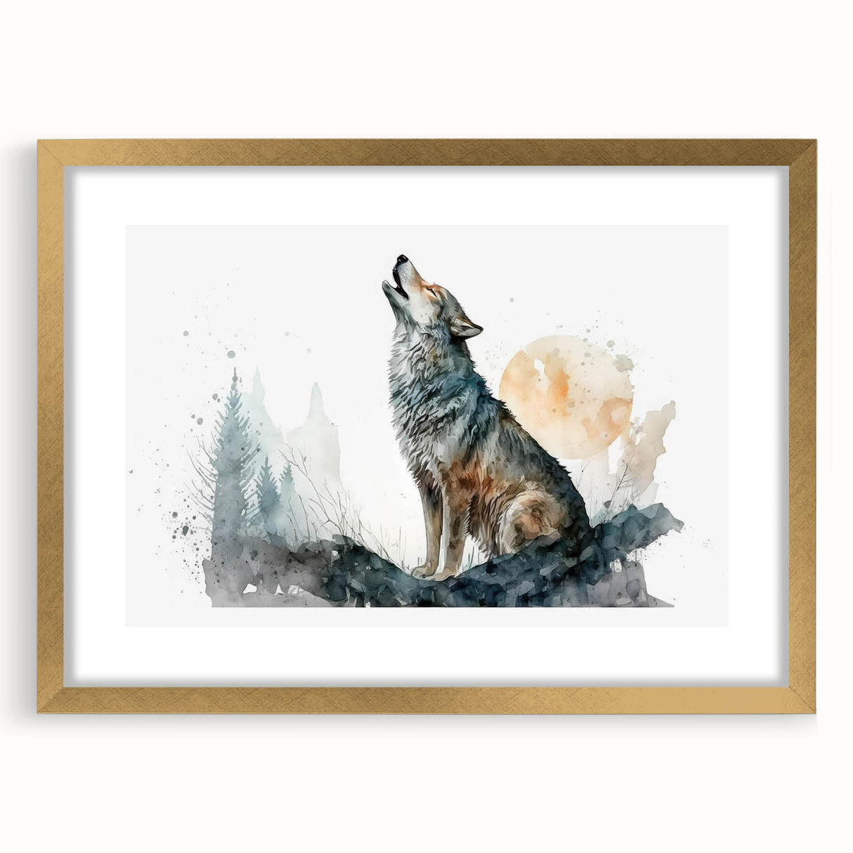 Framed wall art featuring a striking wolf design in a gold frame, showcasing intricate details and a mat for an elegant presentation, ideal for wildlife lovers.