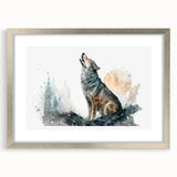 Framed wall art featuring a striking wolf design, showcasing intricate details and a silver mat, ideal for enhancing wildlife-themed home decor.